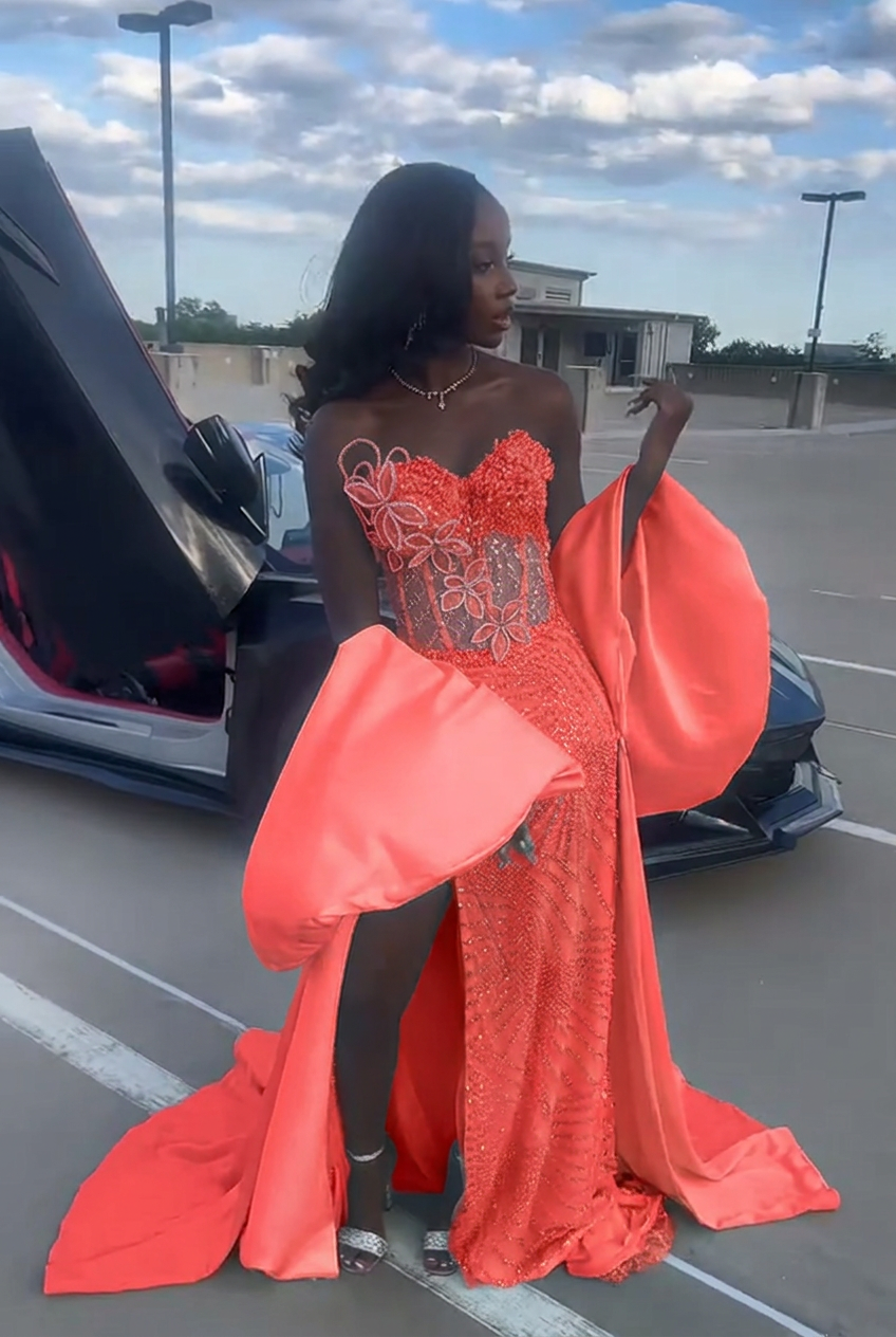 Coral strapless beaded mermaid prom dress
