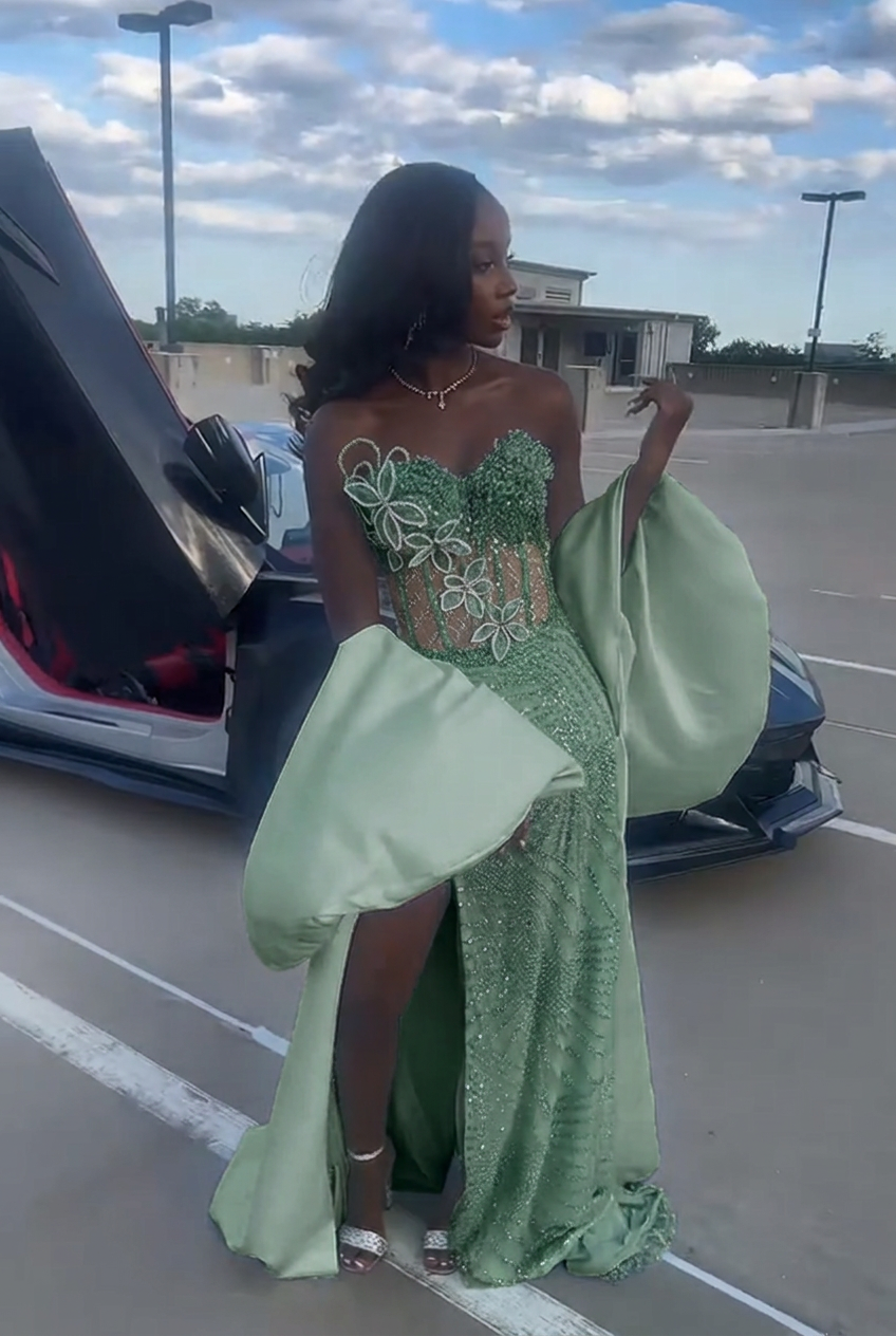 Dusty sage strapless beaded mermaid prom dress