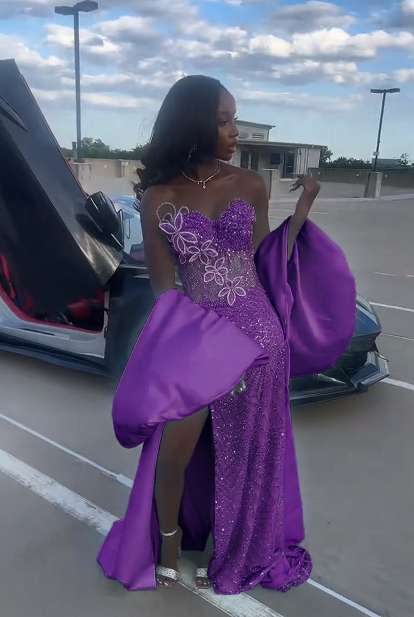 Grape strapless beaded mermaid prom dress