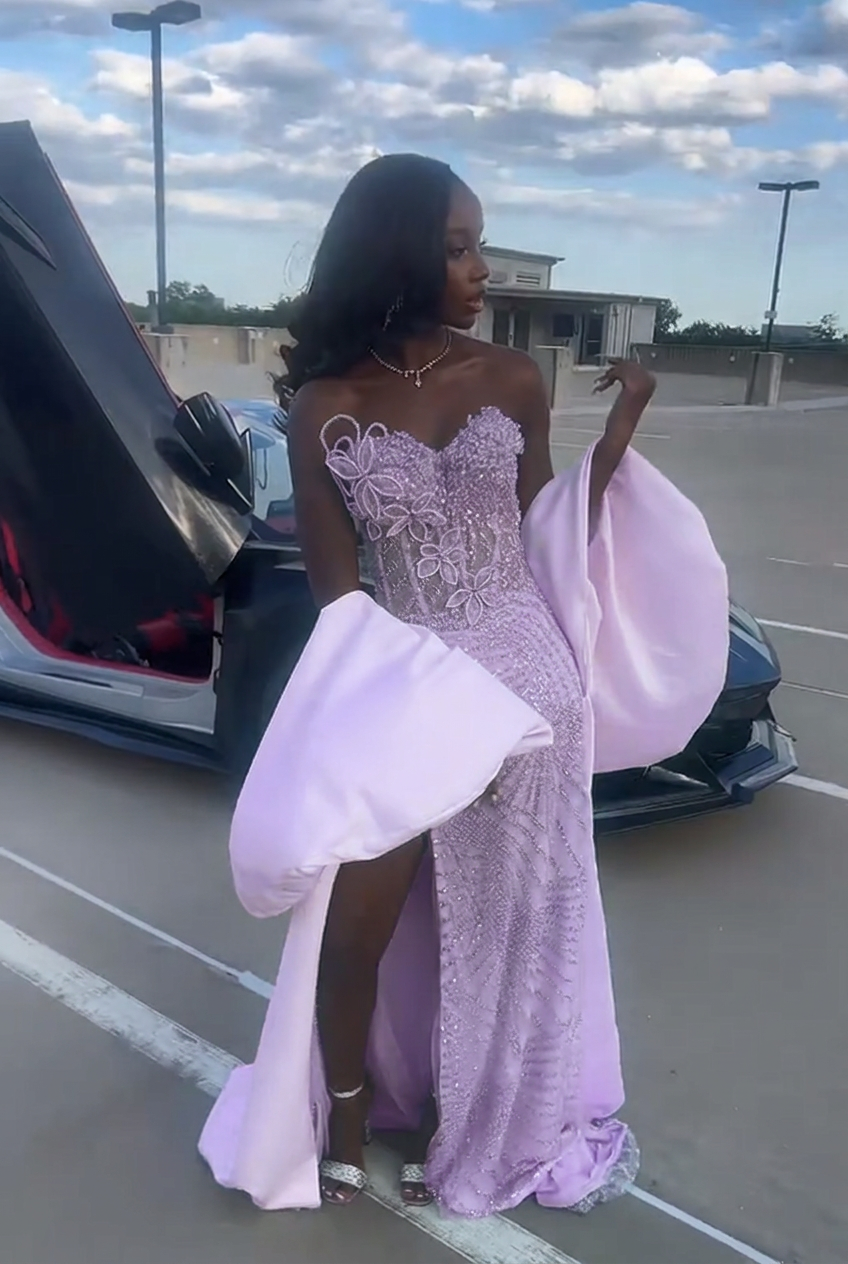 Lavender strapless beaded mermaid prom dress