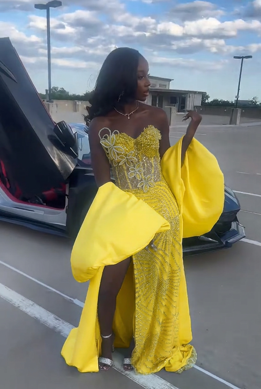 Yellow strapless beaded mermaid prom dress