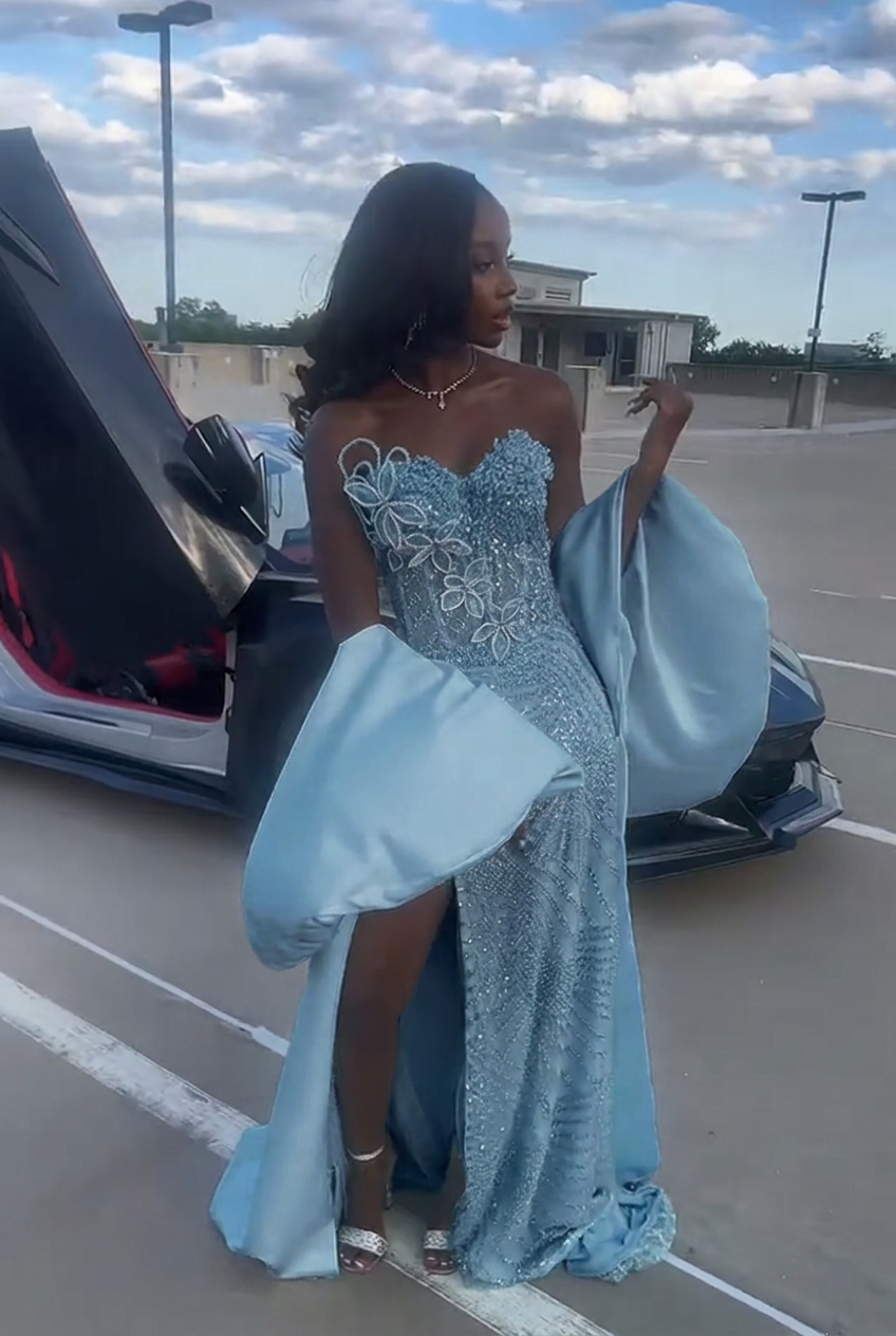 Dusty blue strapless beaded mermaid prom dress