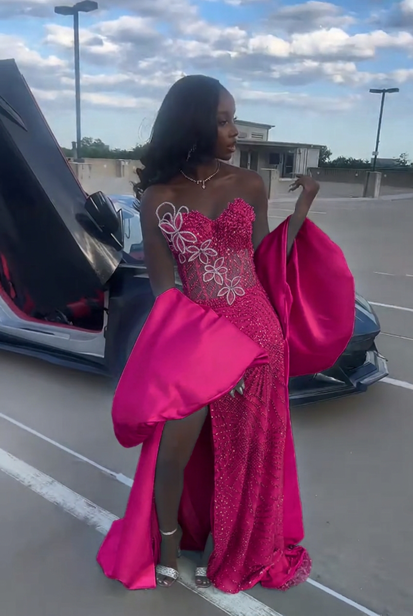 Fuchsia strapless beaded mermaid prom dress