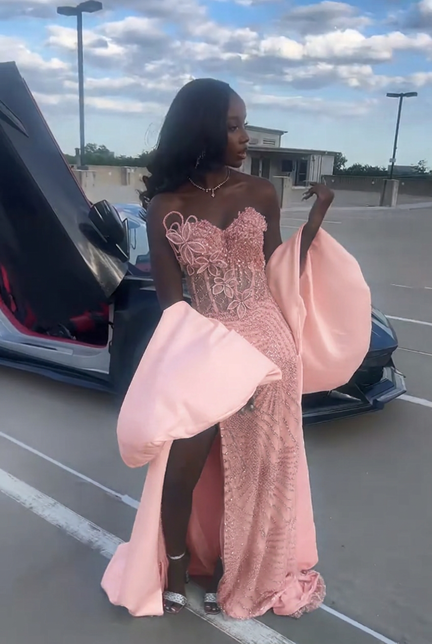 Blushing pink strapless beaded mermaid prom dress