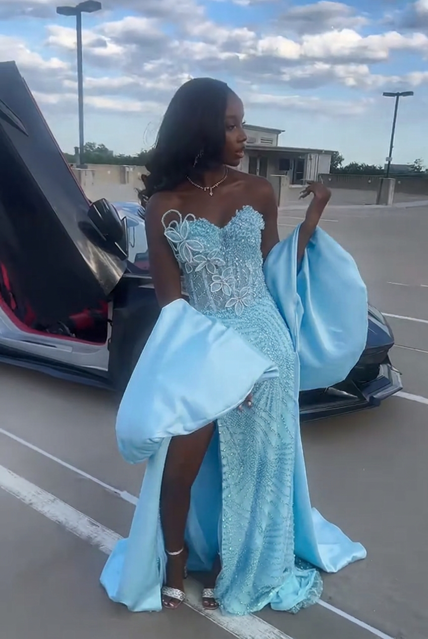 Light blue strapless beaded mermaid prom dress