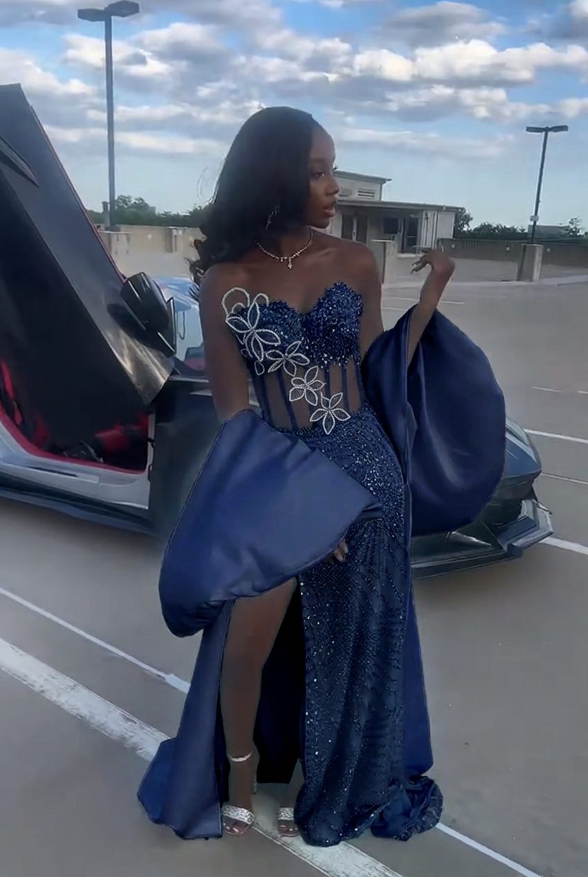 Dark navy strapless beaded mermaid prom dress