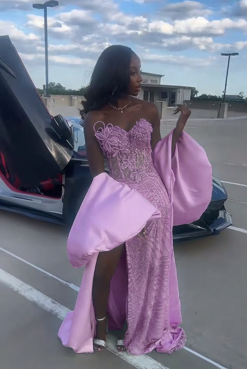 Lilac strapless beaded mermaid prom dress