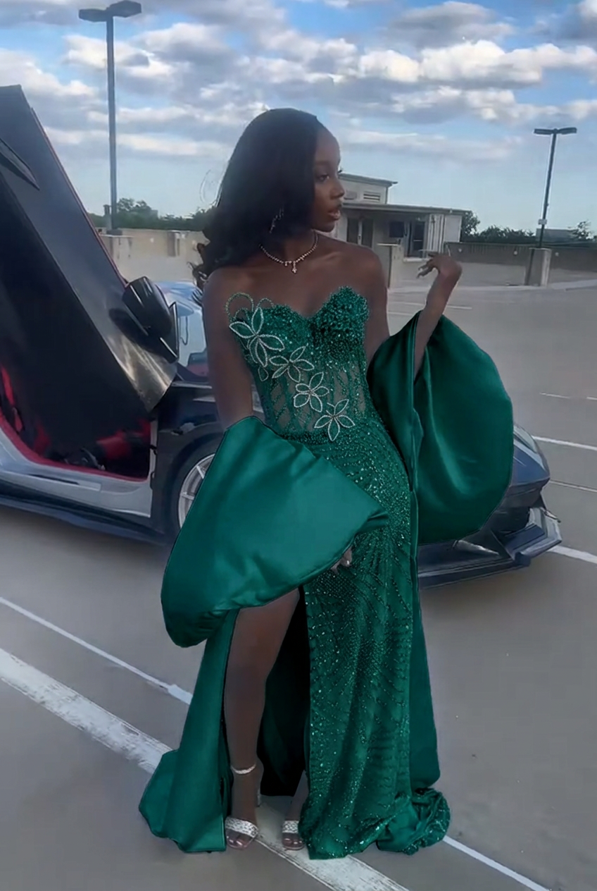 Dark green strapless beaded mermaid prom dress