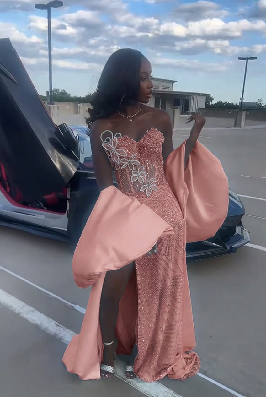 Dusty rose strapless beaded mermaid prom dress