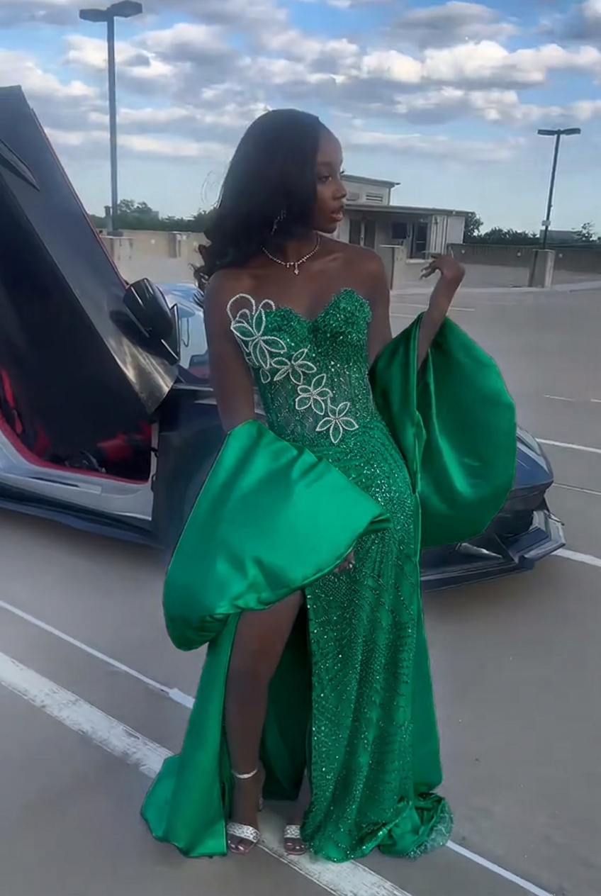 Emerald green strapless beaded mermaid prom dress