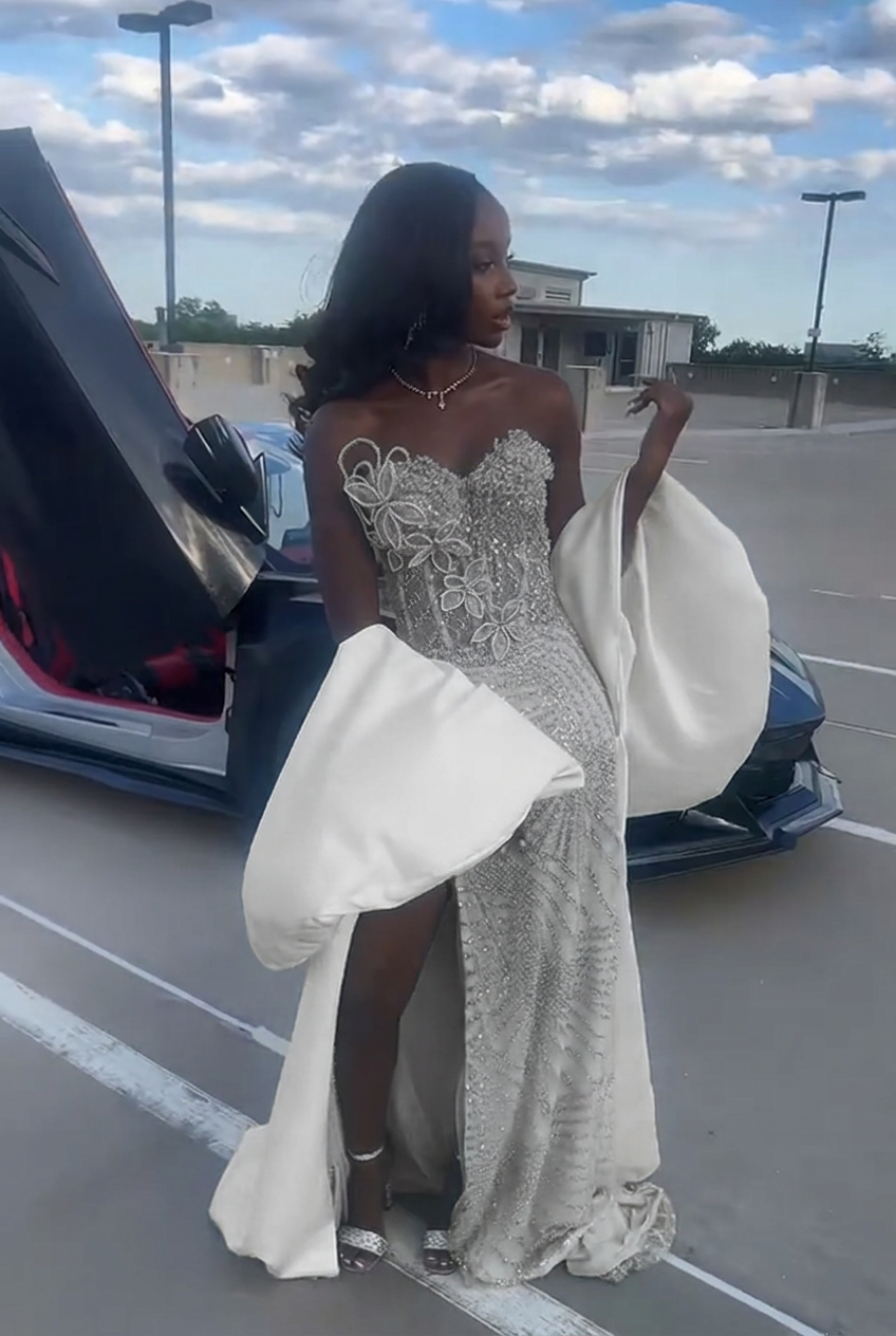Silver strapless beaded mermaid prom dress