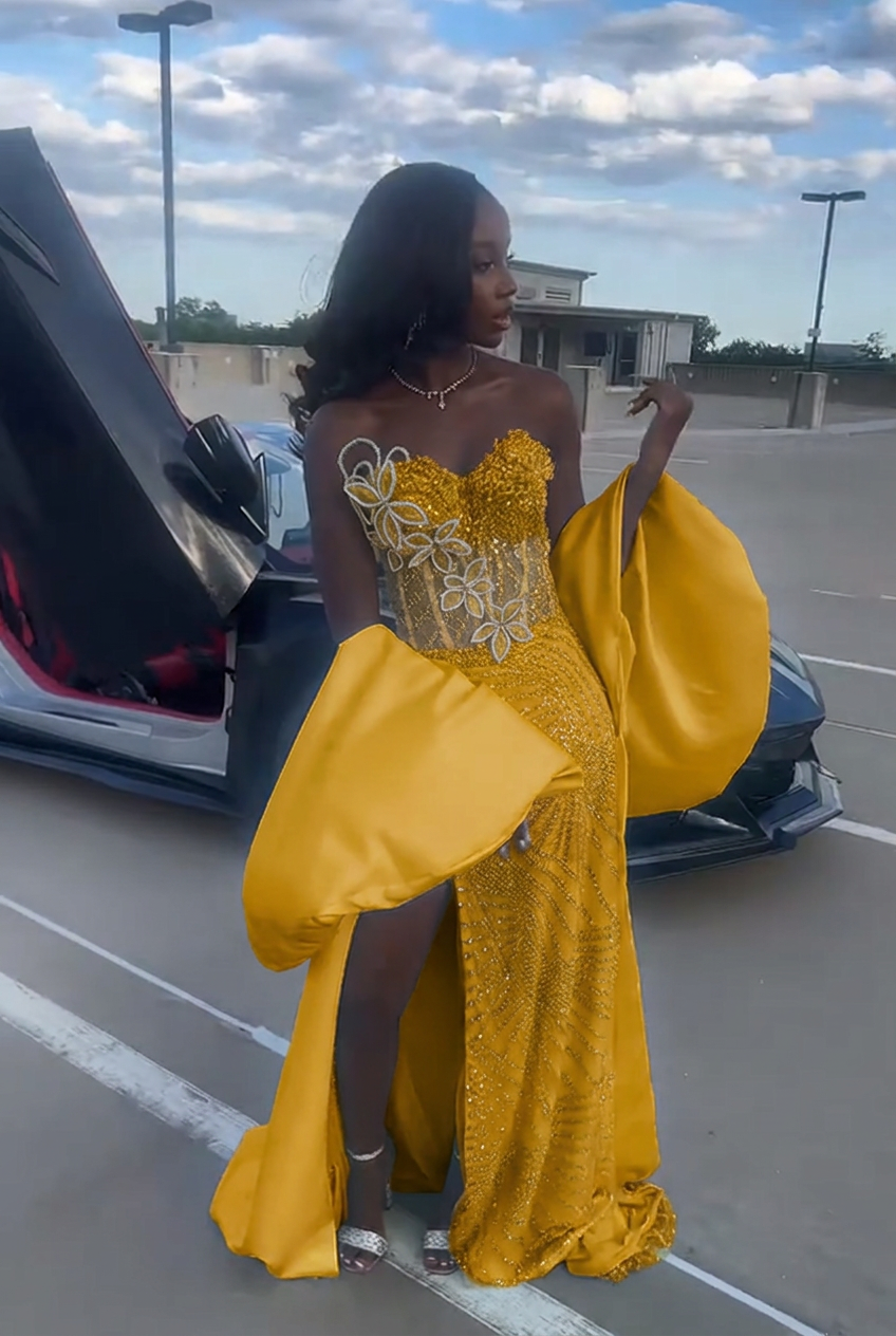 Gold strapless beaded mermaid prom dress
