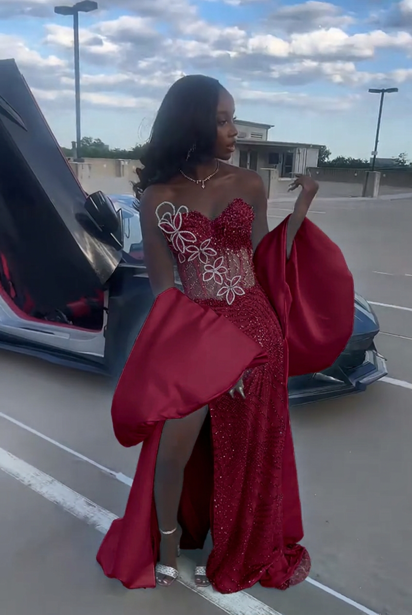 Burgundy strapless beaded mermaid prom dress