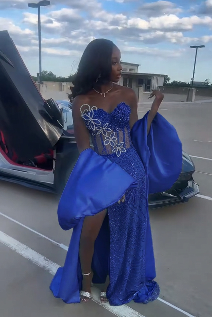Royal blue strapless beaded mermaid prom dress