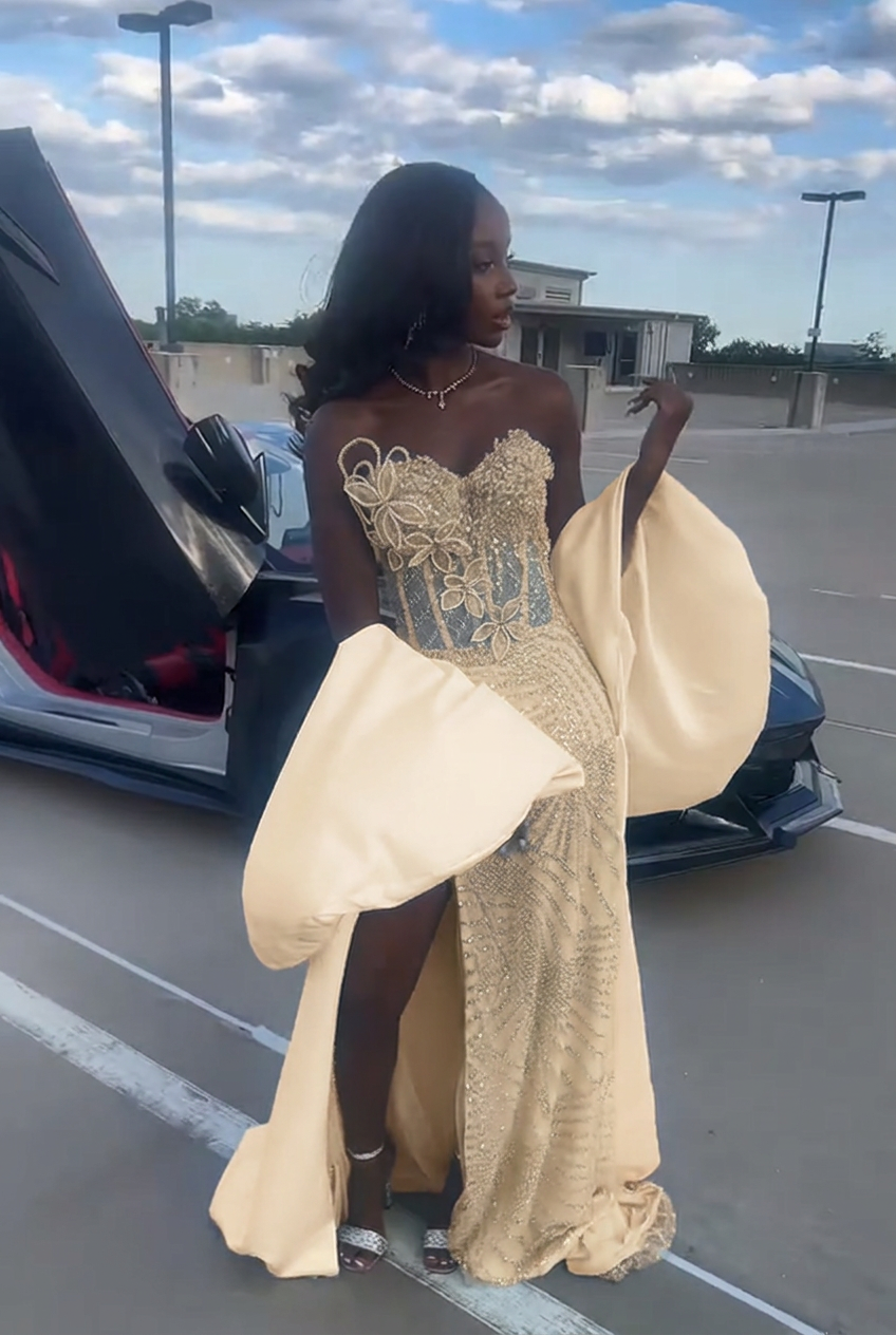 Champagne strapless beaded mermaid prom dress