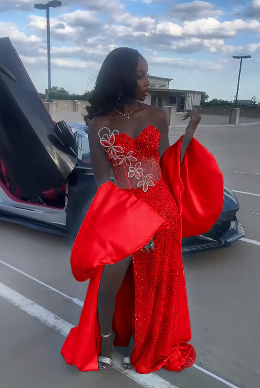 Red strapless beaded mermaid prom dress