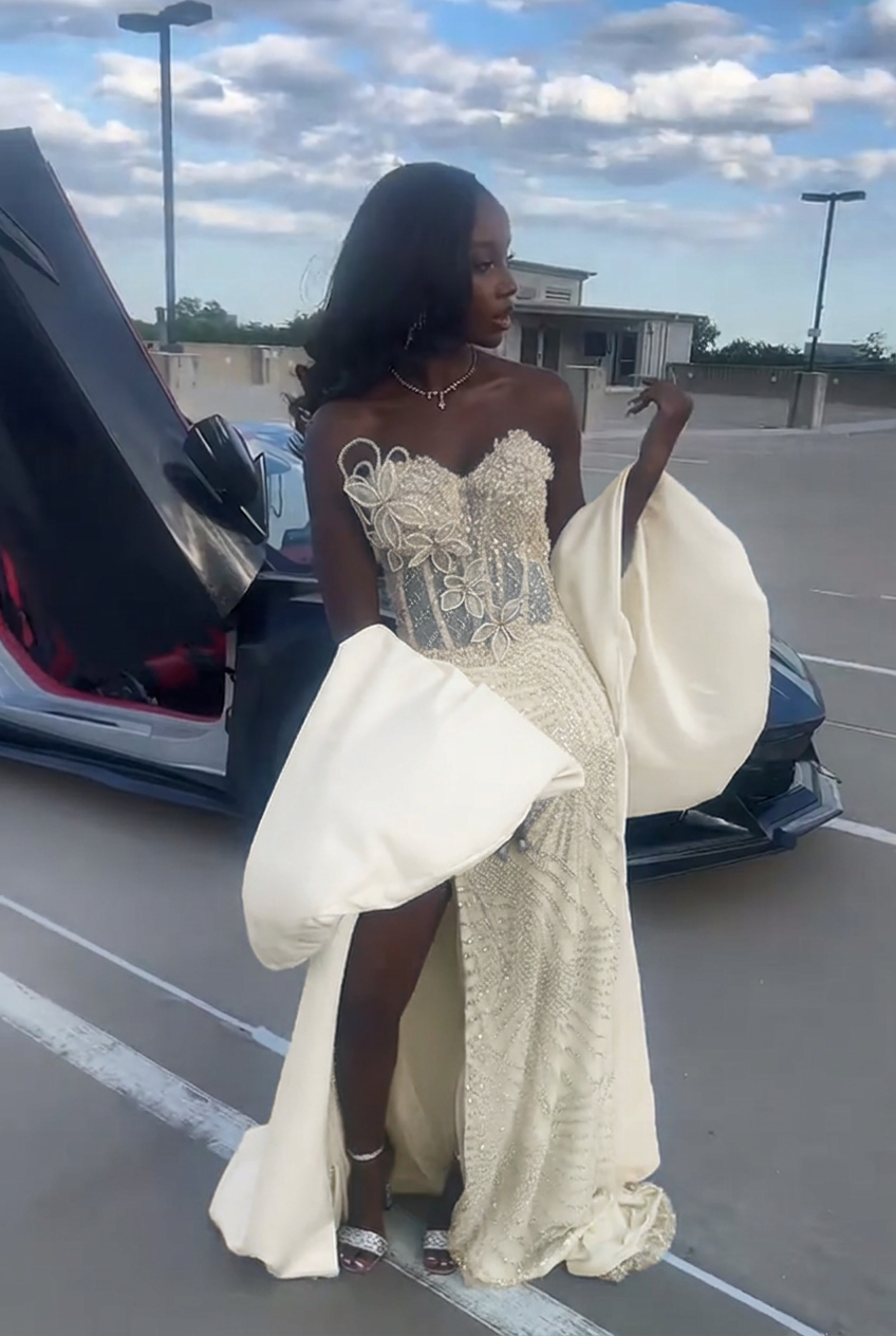 Ivory strapless beaded mermaid prom dress