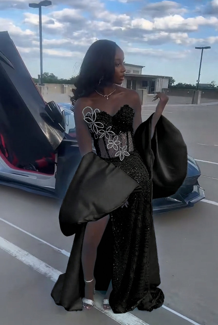Black strapless beaded mermaid prom dress