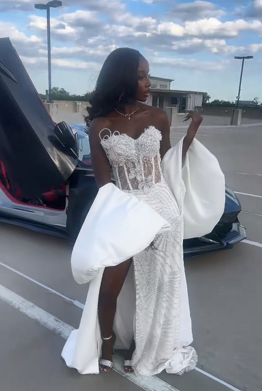 White strapless beaded mermaid prom dress