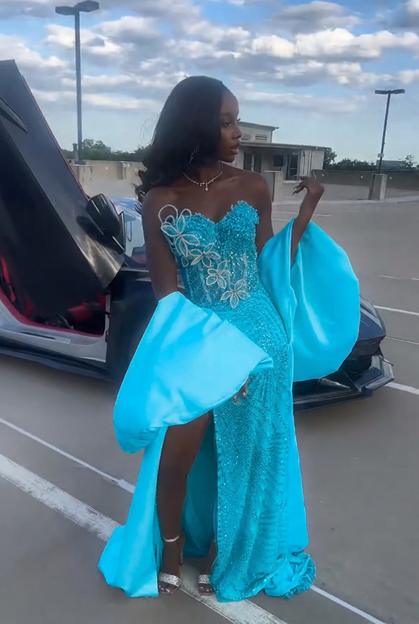Turquoise strapless beaded mermaid prom dress