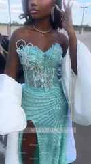 Pretty Mint Strapless Corset Mermaid Beaded Long Prom Dress with Slit