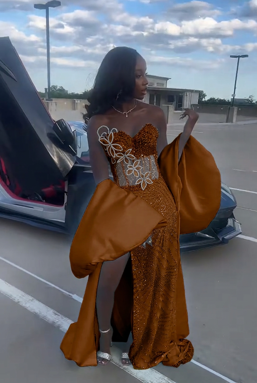 Chocolate strapless beaded mermaid prom dress
