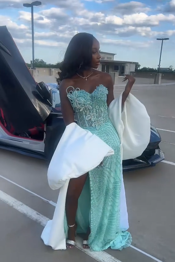 mint beaded prom dress Leely Women Sparkly Mint Green Beaded Maxi Corset Prom Dress with Slit Sweetheart Strapless Ruched Satin Lace Up Back Pageant Dress with Side Cape