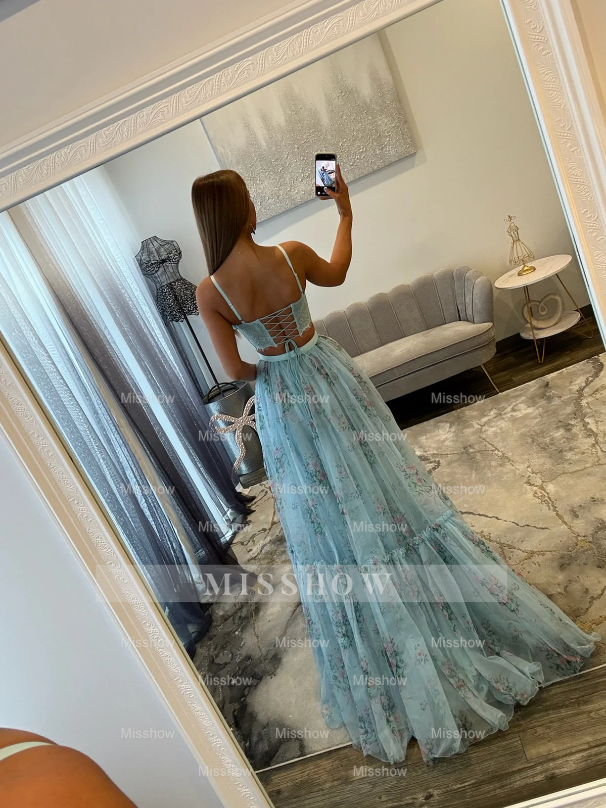 Pretty Two Pieces Sky Blue Long A-line Floral Prom Dress with Lace