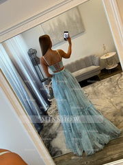 Pretty Two Pieces Sky Blue Long A-line Floral Prom Dress with Lace