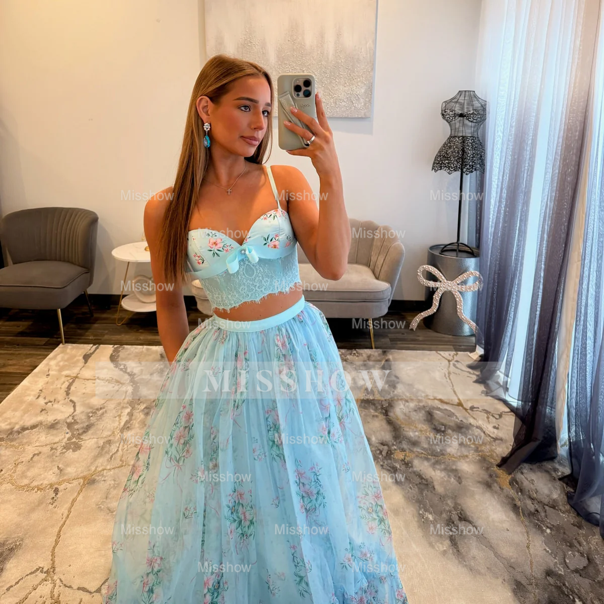 Pretty Two Pieces Sky Blue Long A-line Floral Prom Dress with Lace
