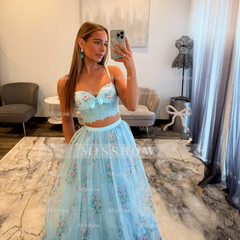 Pretty Two Pieces Sky Blue Long A-line Floral Prom Dress with Lace