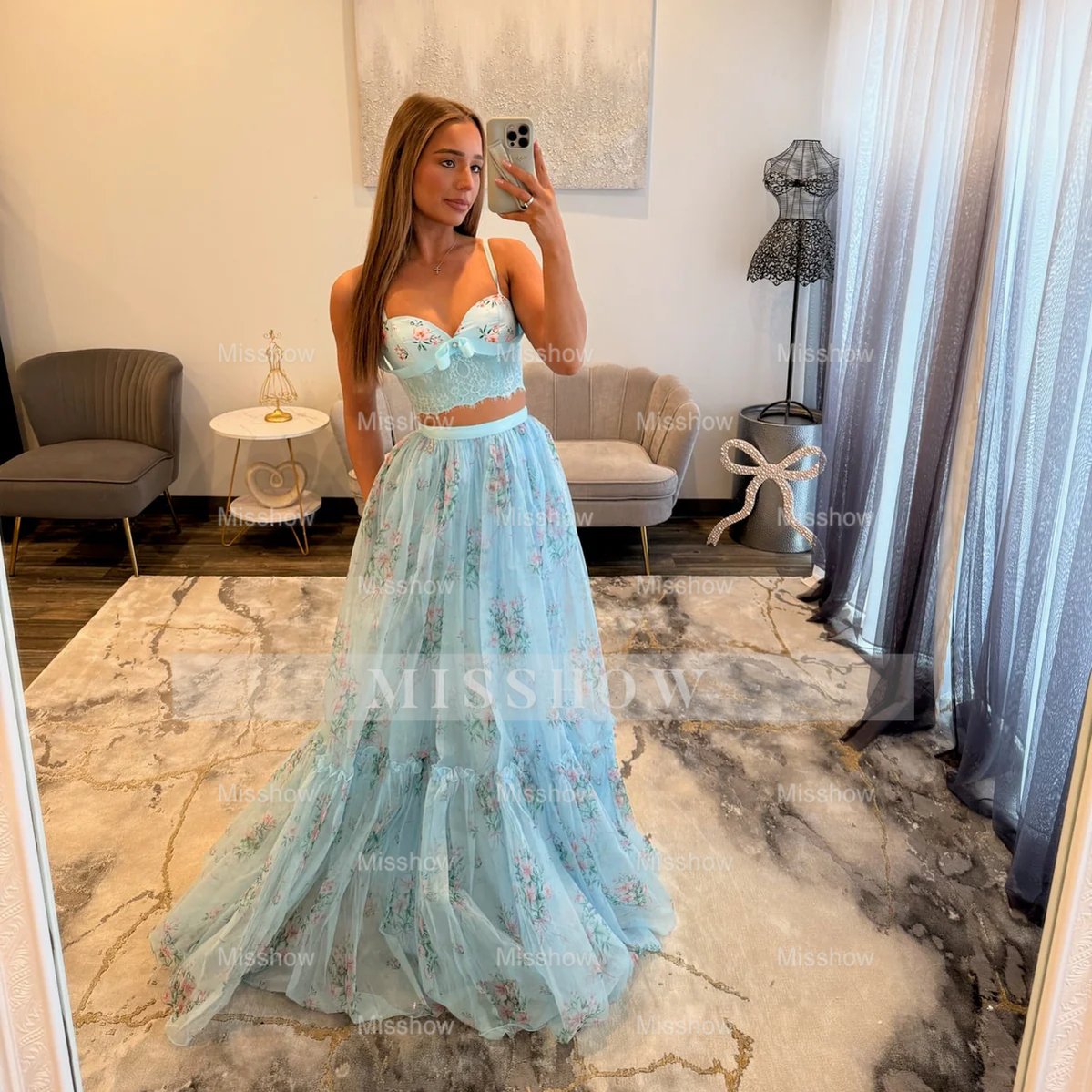 Pretty Two Pieces Sky Blue Long A-line Floral Prom Dress with Lace