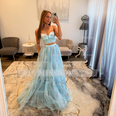Pretty Two Pieces Sky Blue Long A-line Floral Prom Dress with Lace