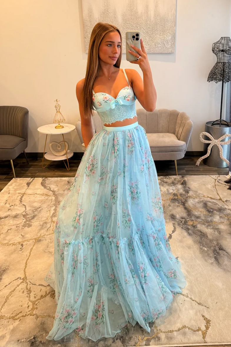 Pretty Two Pieces Sky Blue Long A-line Floral Prom Dress with Lace –