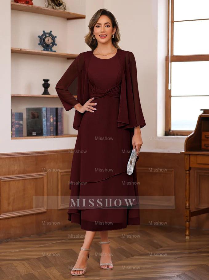 Princess A-Line 2-Piece Tea-Length Mother of the Bride Dress with Scoop Neck Ruffles & Jacket