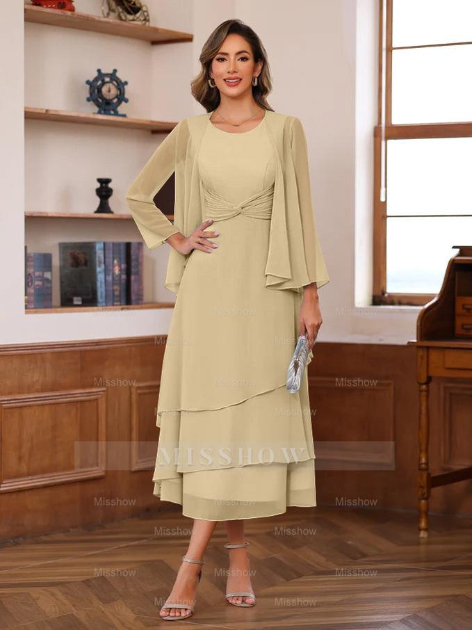 Princess A-Line 2-Piece Tea-Length Mother of the Bride Dress with Scoop Neck Ruffles & Jacket