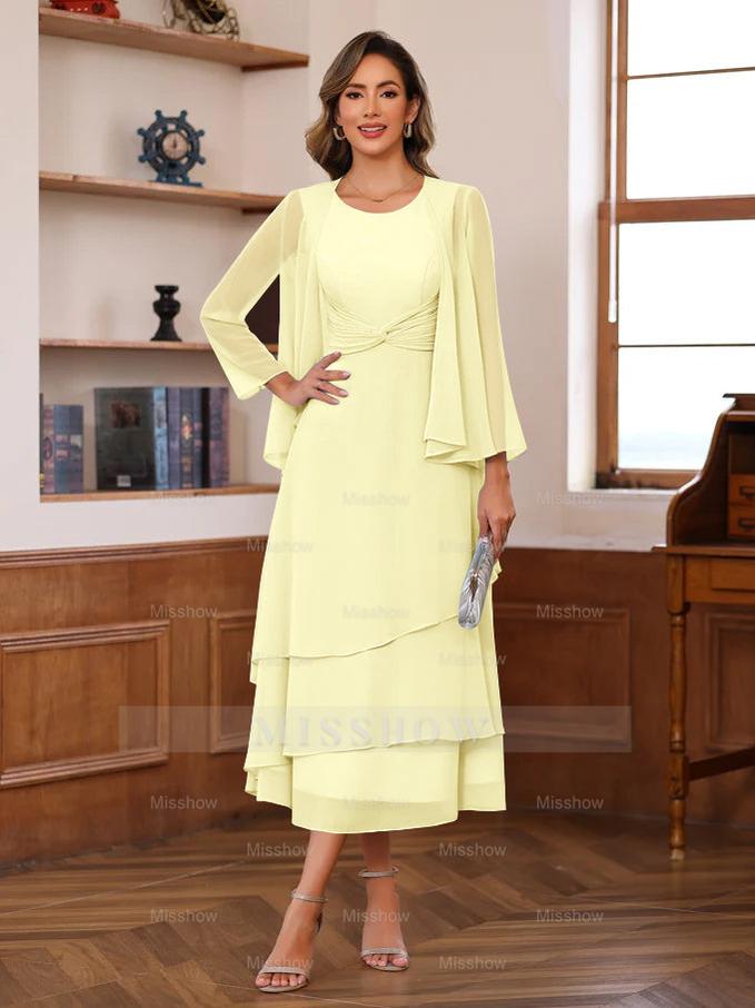 Princess A-Line 2-Piece Tea-Length Mother of the Bride Dress with Scoop Neck Ruffles & Jacket