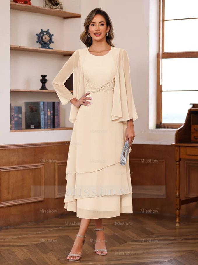Princess A-Line 2-Piece Tea-Length Mother of the Bride Dress with Scoop Neck Ruffles & Jacket