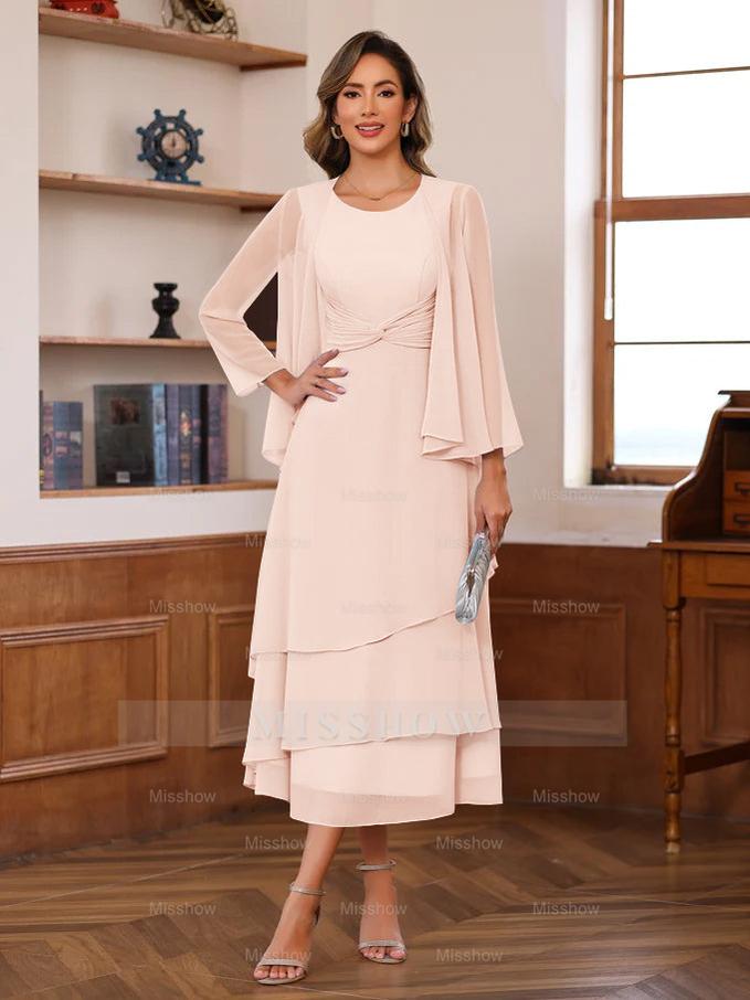 Princess A-Line 2-Piece Tea-Length Mother of the Bride Dress with Scoop Neck Ruffles & Jacket