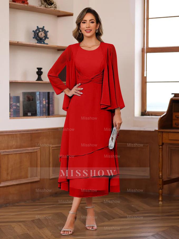 Princess A-Line 2-Piece Tea-Length Mother of the Bride Dress with Scoop Neck Ruffles & Jacket