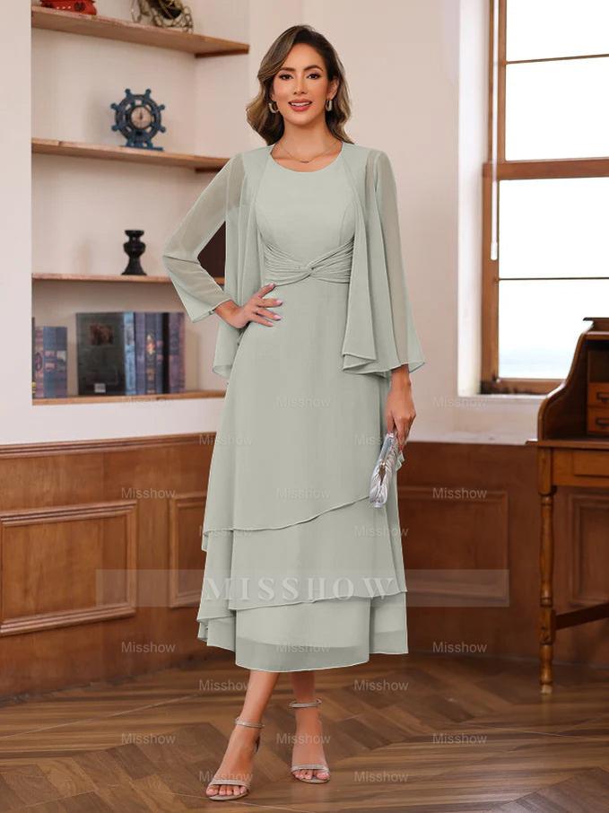 Princess A-Line 2-Piece Tea-Length Mother of the Bride Dress with Scoop Neck Ruffles & Jacket