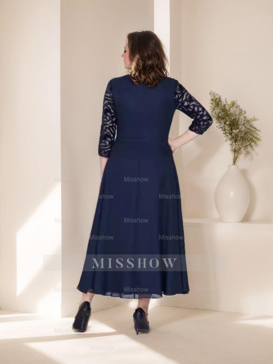 Princess A-Line Ankle-Length Plus Size Mother of the Bride Dress with Scoop 3/4 Sleeves and Appliques