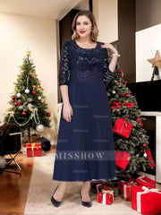Princess A-Line Ankle-Length Plus Size Mother of the Bride Dress with Scoop 3/4 Sleeves and Appliques
