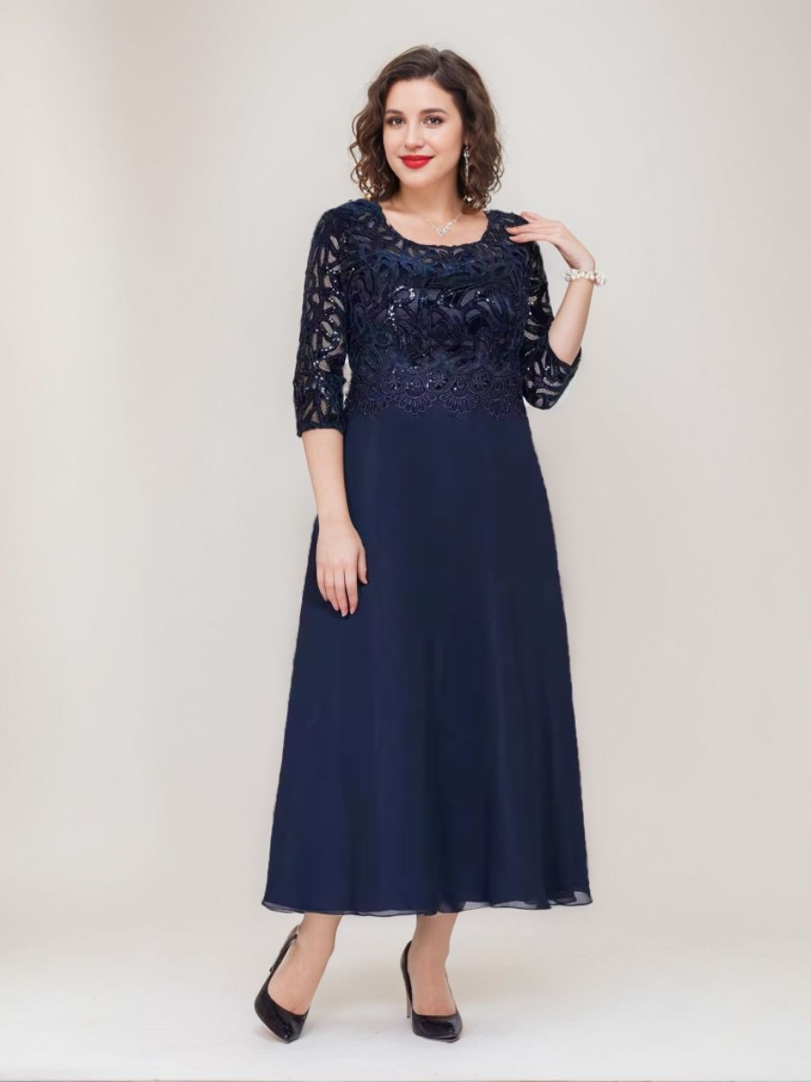 Princess A-Line Ankle-Length Plus Size Mother of the Bride Dress with Scoop 3/4 Sleeves and Appliques