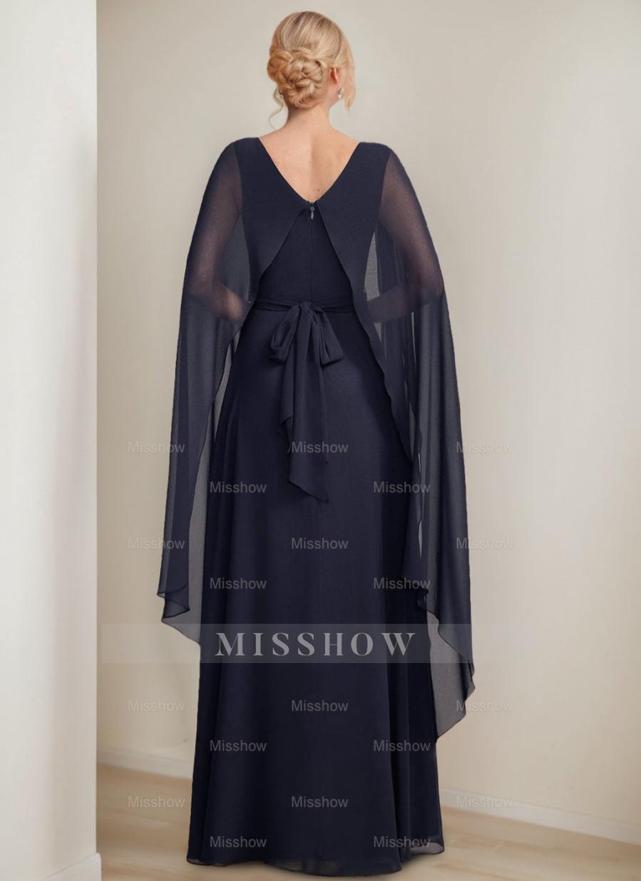 Princess A-Line Floor-Length Mother of the Bride Dress with Cape Sleeves Bow and Ruffles
