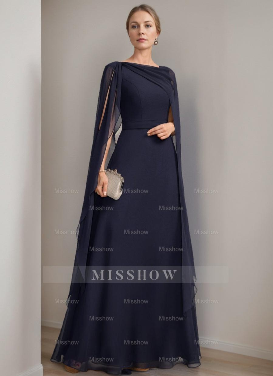 Princess A-Line Floor-Length Mother of the Bride Dress with Cape Sleeves Bow and Ruffles
