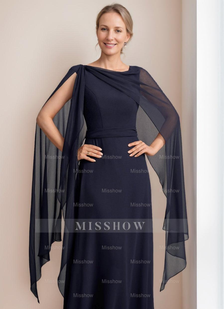 Princess A-Line Floor-Length Mother of the Bride Dress with Cape Sleeves Bow and Ruffles