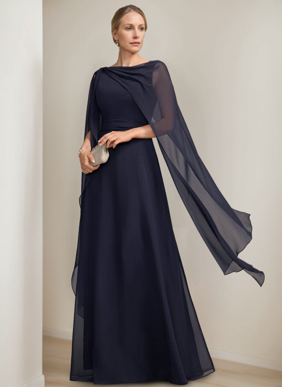Princess A-Line Floor-Length Mother of the Bride Dress with Cape Sleeves Bow and Ruffles