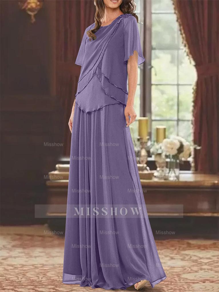 Princess A-Line Floor-Length Mother of the Bride Dress with Jewel Neck Short Sleeves Pleats & Beading