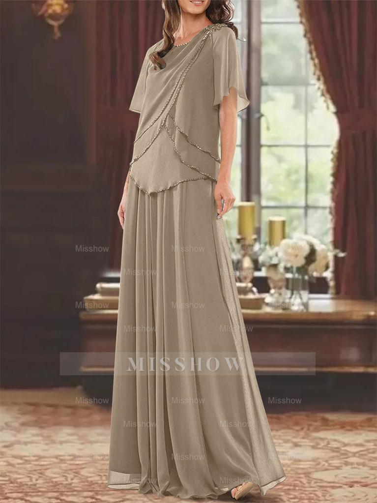 Princess A-Line Floor-Length Mother of the Bride Dress with Jewel Neck Short Sleeves Pleats & Beading